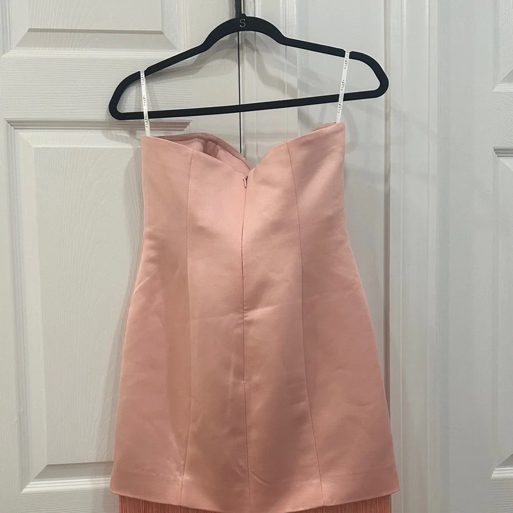 Club L London Blush Pink Satin Bandeau Maxi Dress With Fringe - Picture 3 of 10